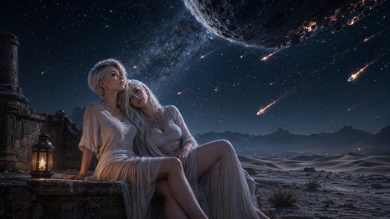 Two silver-haired women sit leaning together on ancient desert ruins, watching a meteor shower un...