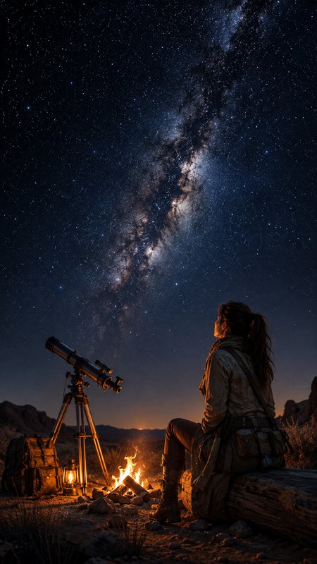 Woman camper sits by desert campfire with a telescope, gazing up at the brilliant band of the Mil...