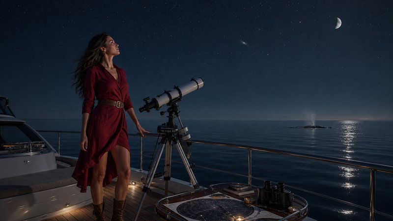 Woman in red dress stargazing beside a telescope on a luxury yacht deck under a starry night sky ...