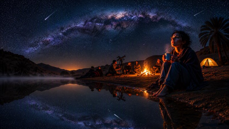 Campers stargaze around a desert oasis campfire under a bright arched Milky Way, scene reflected ...