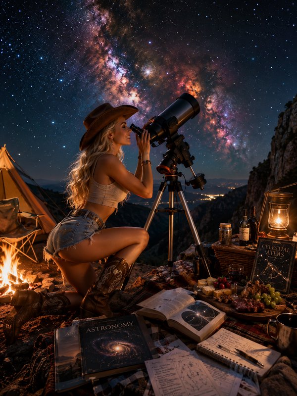 Woman in cowboy attire looks through a telescope at the vibrant Milky Way from a cozy cliffside m...