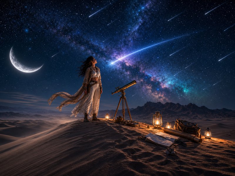 Female explorer stands on a desert sand dune gazing up at the glowing Milky Way, shooting stars, ...