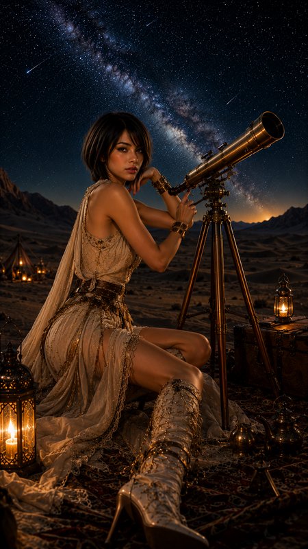 Elegant woman with antique brass telescope sits under a glowing Milky Way starry sky at a remote ...