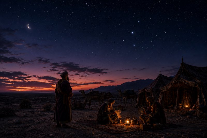Three wise men at a desert nomad camp under a starry crescent night sky at colorful twilight, wit...