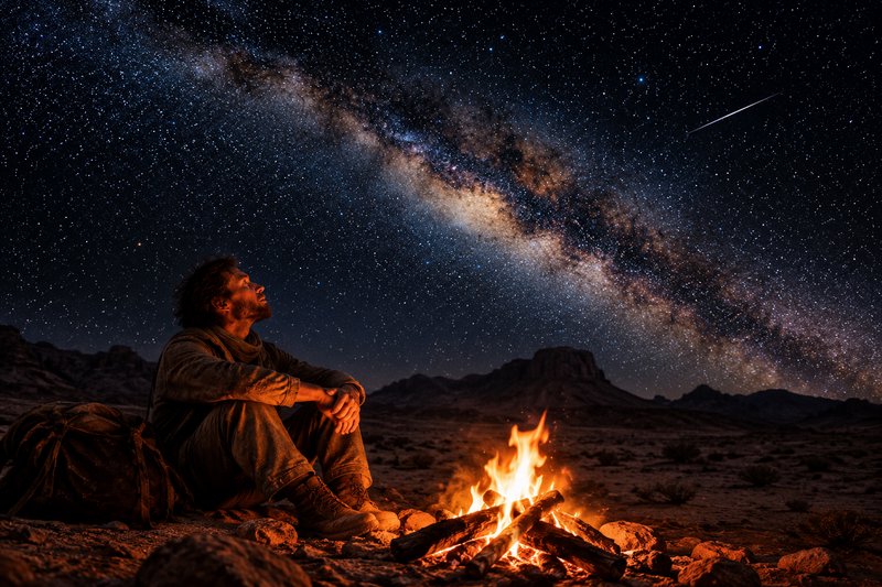 Lone backpacker sits by glowing desert campfire, gazing up at the arcing Milky Way and shooting s...