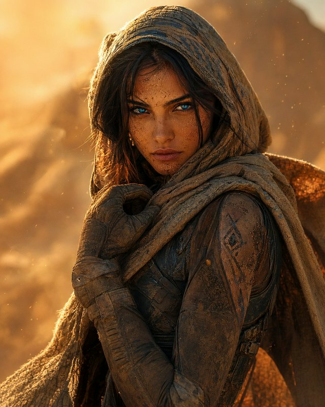 Cinematic portrait of a fierce blue-eyed desert warrior woman in weathered hooded robes, backlit ...