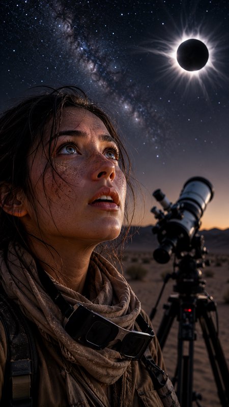 Awed female astronomer gazes at a total solar eclipse, beside a telescope under the Milky Way in ...