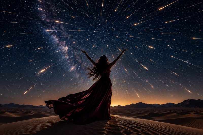 Silhouetted woman in a flowing gown raises her arms toward a bright radial meteor shower above de...