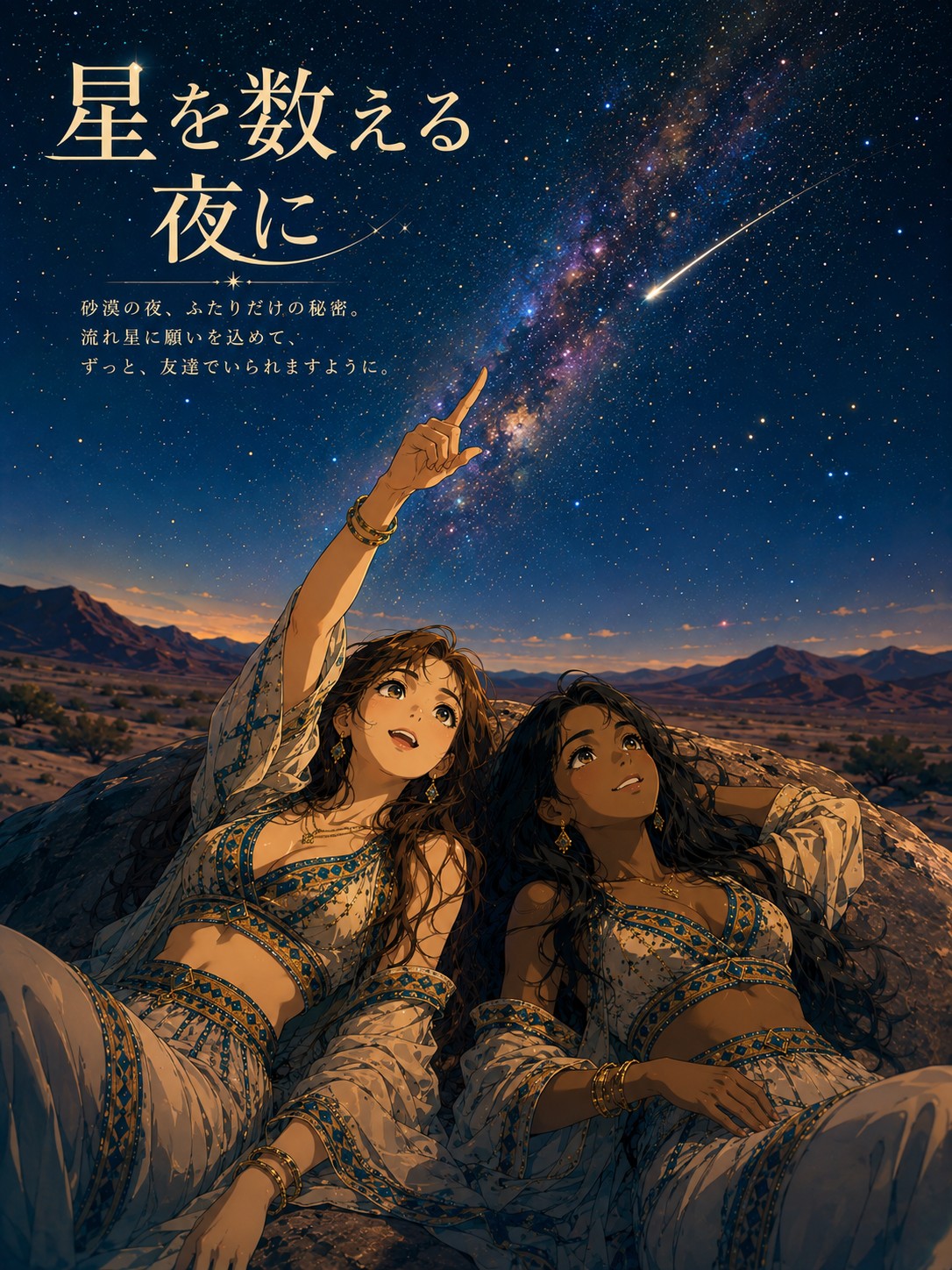 [Anime illustration of two young women reclining in a desert, stargazing at a Milky Way sky as one points at a shooting st...