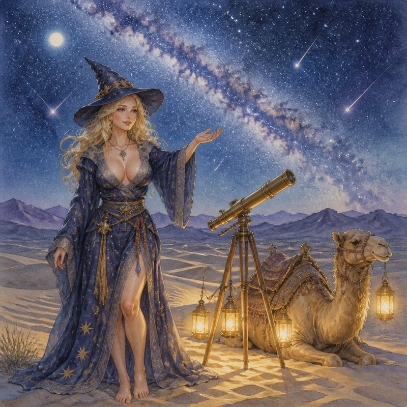 Blonde astrologer witch stands in starry desert beside a brass telescope and resting camel under ...