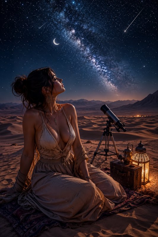 Woman sits on desert dunes stargazing under a glowing milky way night sky next to a telescope and...