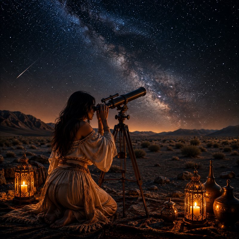 Woman stargazing through vintage telescope under the glowing Milky Way in a candle-lit desert at ...