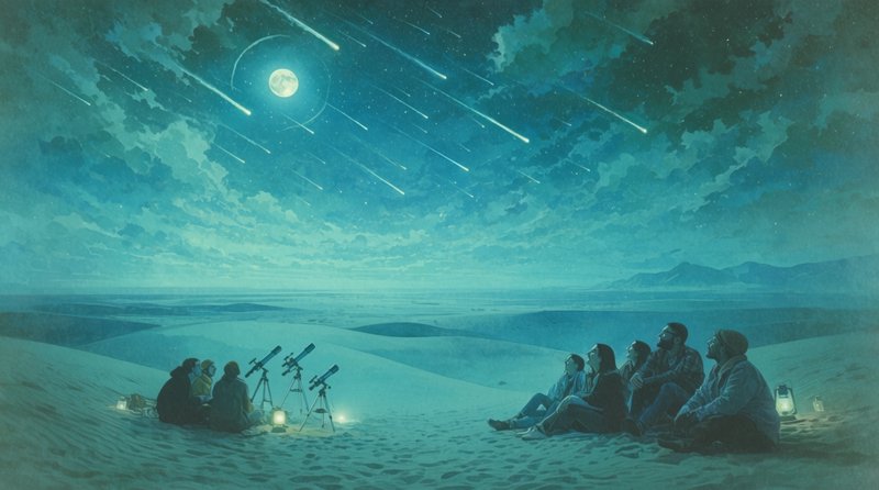 Groups of stargazers sit on desert sand dunes, watching a streaking meteor shower under a glowing...