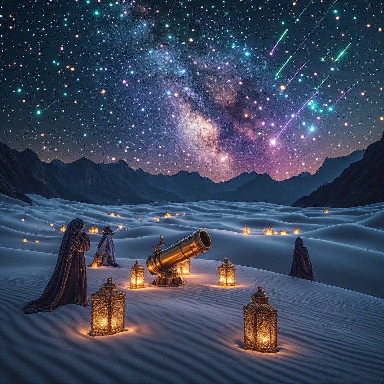 Robed stargazers gather with a brass telescope and glowing lanterns on sand dunes beneath a vibra...