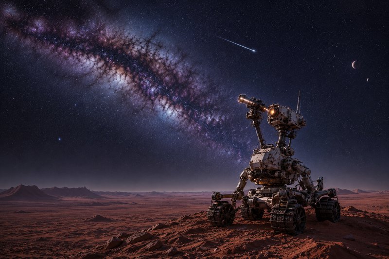 Wheeled robotic planetary rover sits on rocky red alien planet terrain under a vivid starry Milky...
