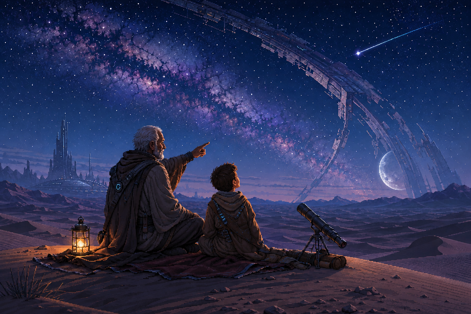 Elderly mentor points out constellations to a young apprentice while stargazing on a desert dune under a vibrant nebula ni...