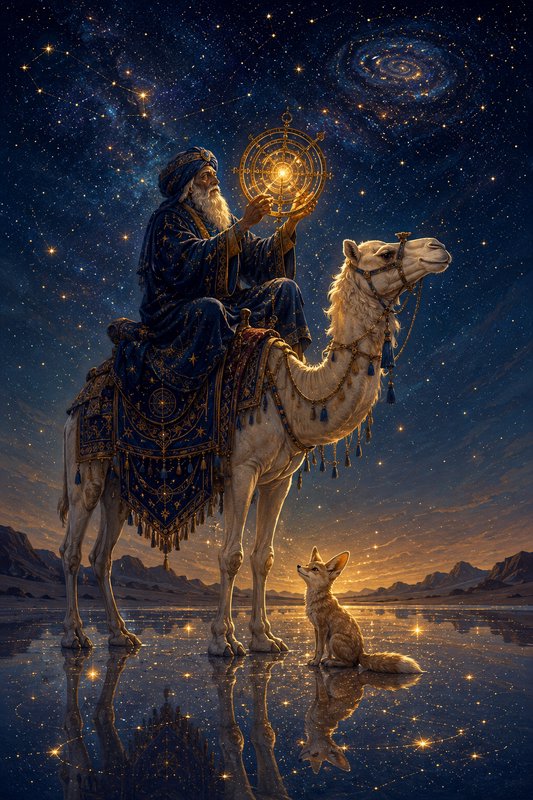 Elderly astrologer on ornate camel holds glowing astrolabe beside fennec fox under starry desert ...