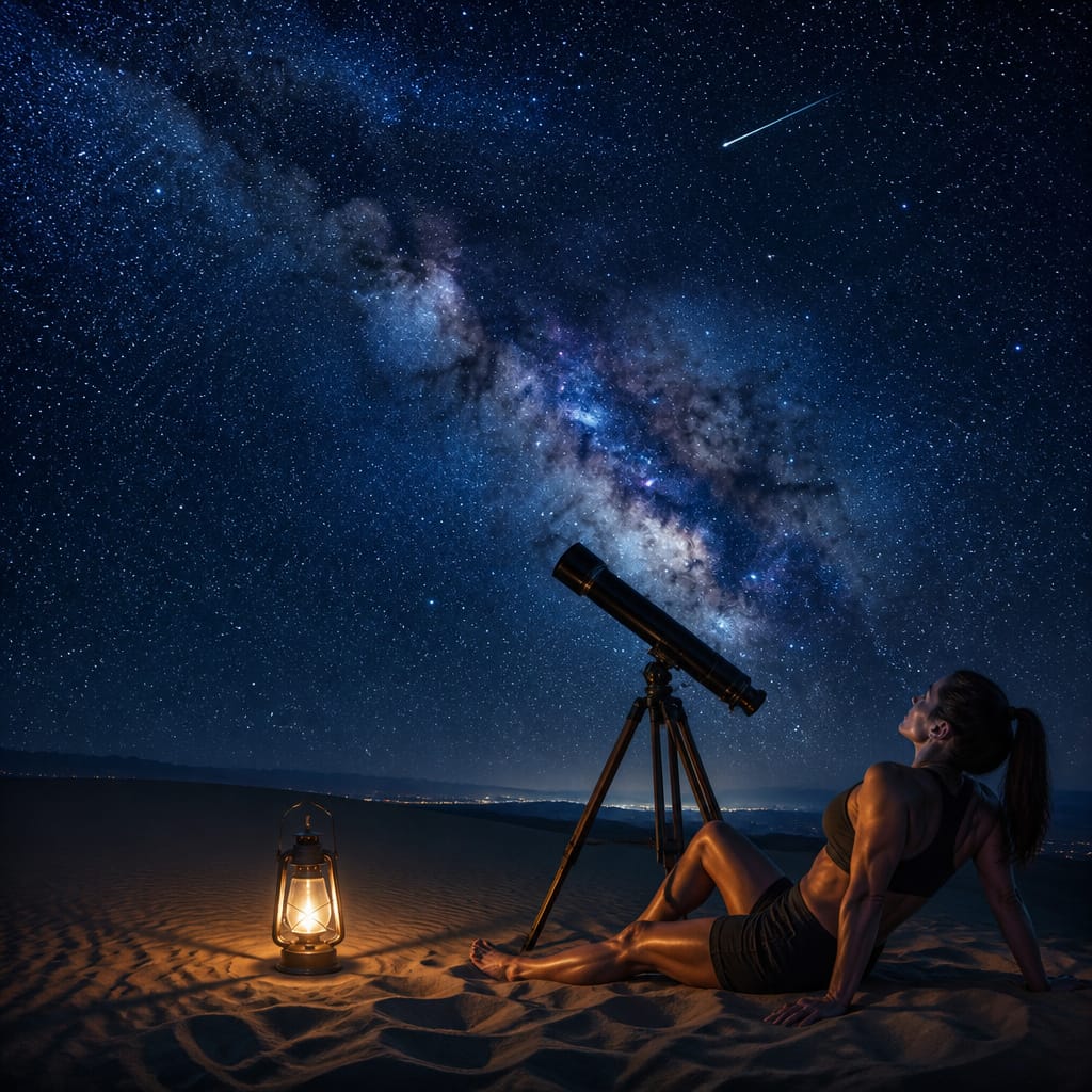 [Woman sits on desert sand next to a telescope and lit lantern, stargazing at the bright Milky Way and shooting star in th...