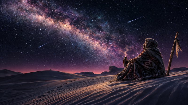 Lone hooded traveler sits on desert sand dune holding a steaming drink, gazing up at the glowing Milky Way and arcing shoo...