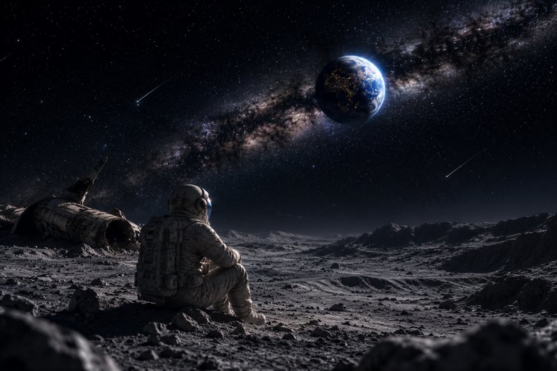 Astronaut sits on rocky lunar surface beside crashed craft, gazing at Earth against a starry Milk...