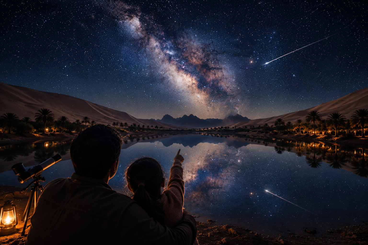Parent and child stargaze at the glowing Milky Way over a reflective desert oasis lake, child points to a shooting star.