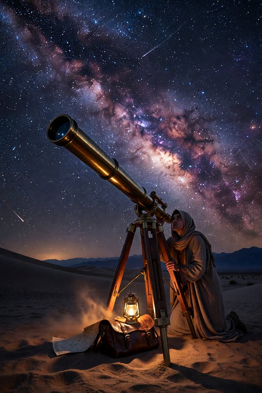 Robed stargazer looks through a vintage brass telescope at the glowing Milky Way from a sandy des...