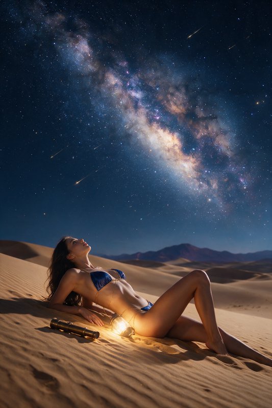 Woman reclining on desert sand dunes stargazing at a bright vivid Milky Way night sky, with a lan...