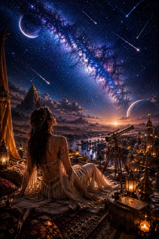 Elegant fantasy stargazer sits on a palace terrace gazing up at a vivid Milky Way night sky over ...