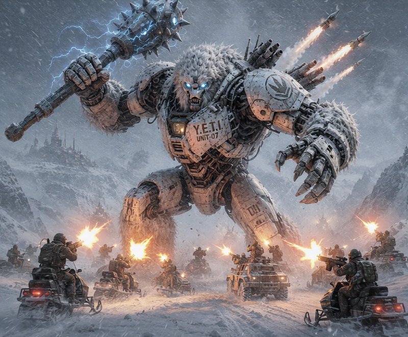 Towering cybernetic YETI Unit 07 mech wielding an electrified mace battles soldiers in a blizzard...