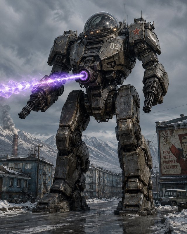 Giant weathered Soviet combat mech firing a purple energy weapon while standing on an icy snowy i...