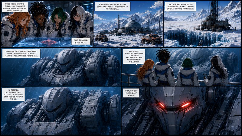 Sequential sci-fi comic panels showing researchers discovering a giant dormant mech buried under ...