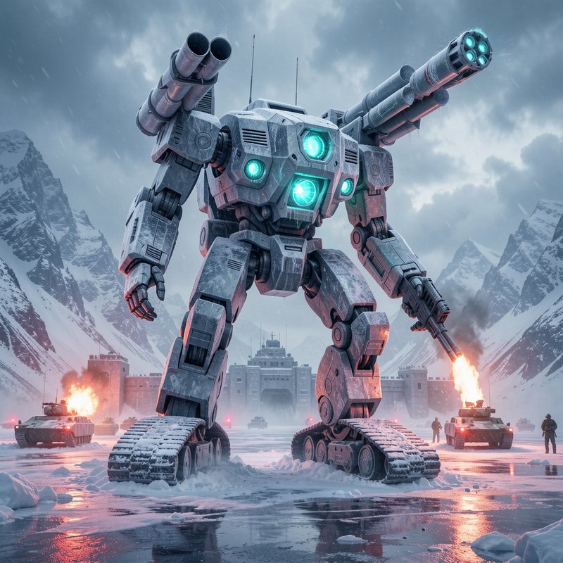 Massive armored combat mech with glowing teal optics stands on an icy snowy battlefield beside mi...