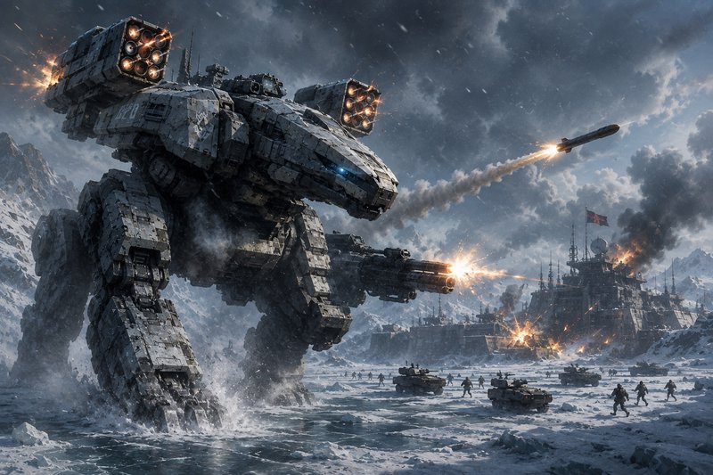 Massive futuristic combat mech fires weapons during an arctic battlefield battle, with tanks, tro...