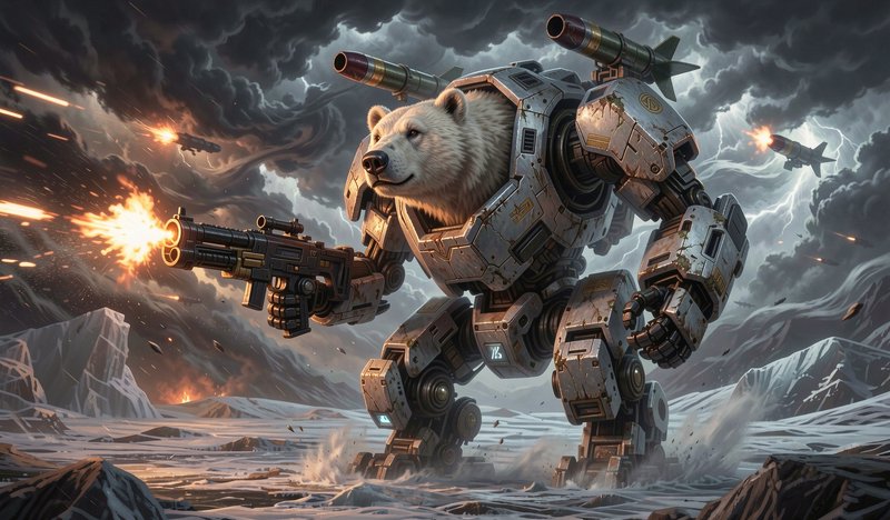 Polar bear integrated into an armed robotic mech fires a weapon on a stormy icy arctic battlefield