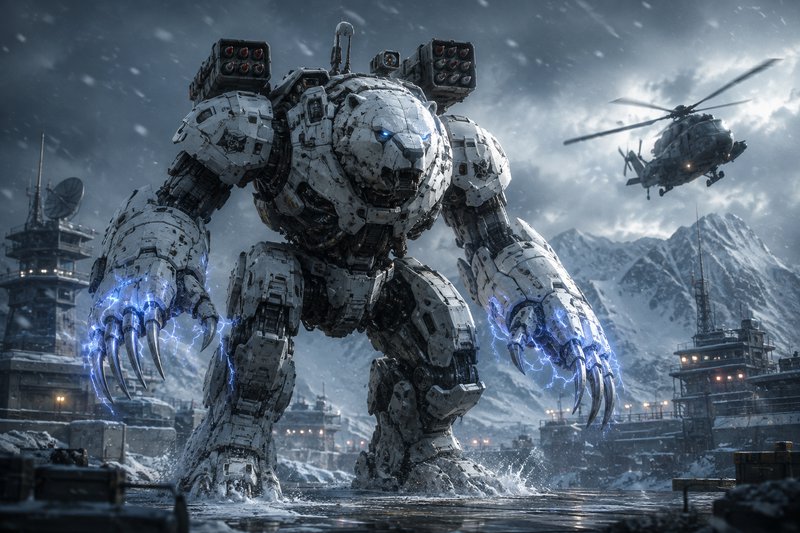 Giant armored polar bear mech with glowing blue electric claws stands at a snowy arctic military ...