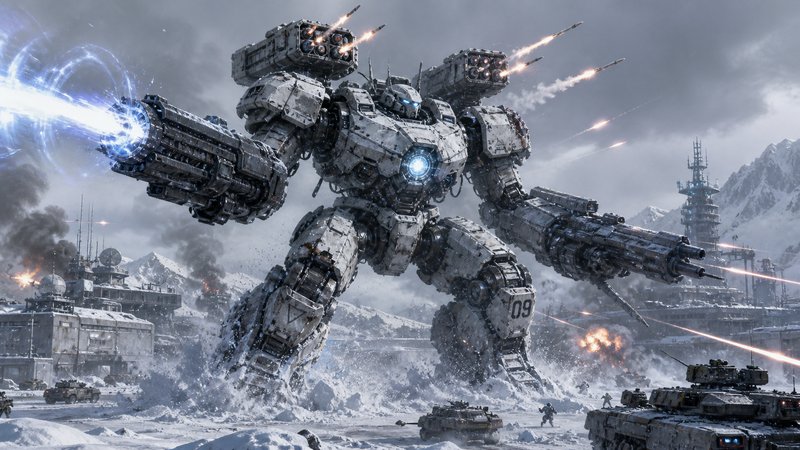 Massive white battle mech fires plasma cannons and missiles amid combat at a snowy futuristic arc...