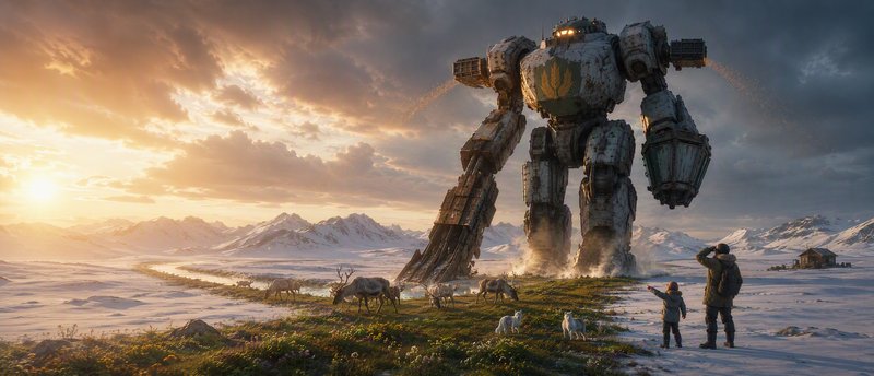 Giant weathered mech robot stands on thawing arctic tundra, observed by a father and child at gol...