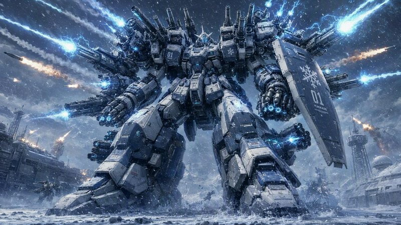 Heavily armed Gundam-style mech robot fires energy weapons while standing on a stormy snowy futur...