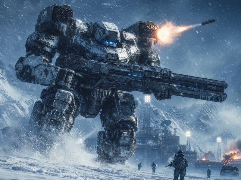 Frosted giant combat mech fires a shoulder missile while advancing through a snowy arctic blizzar...