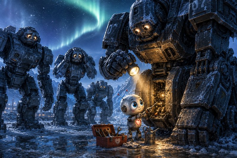 Tiny friendly repair robot fixes a giant mech while other worried mechs watch under aurora boreal...