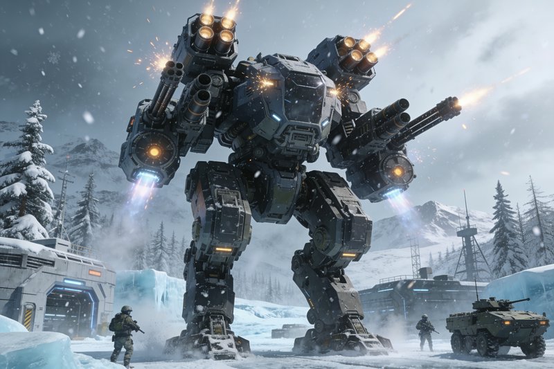 Heavily armed combat mech fires weapons alongside soldiers and an APC at a snowy arctic military ...