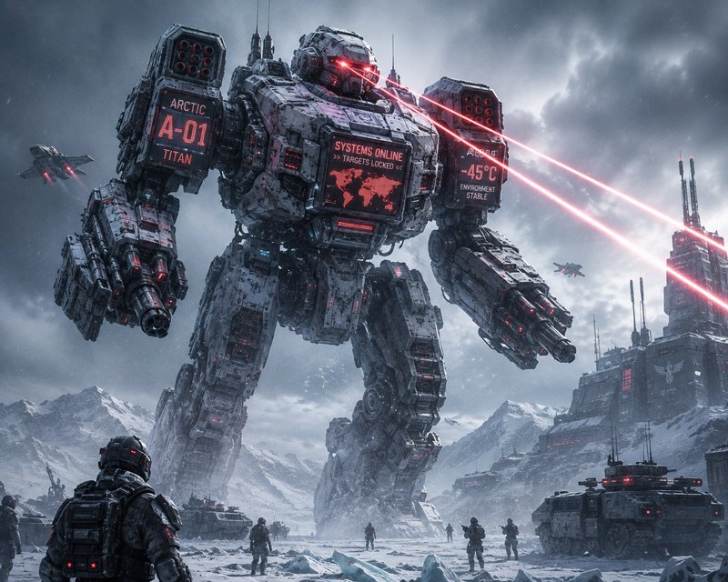 Heavily armed Arctic A-01 Titan mech fires red targeting lasers over a snowy futuristic military ...