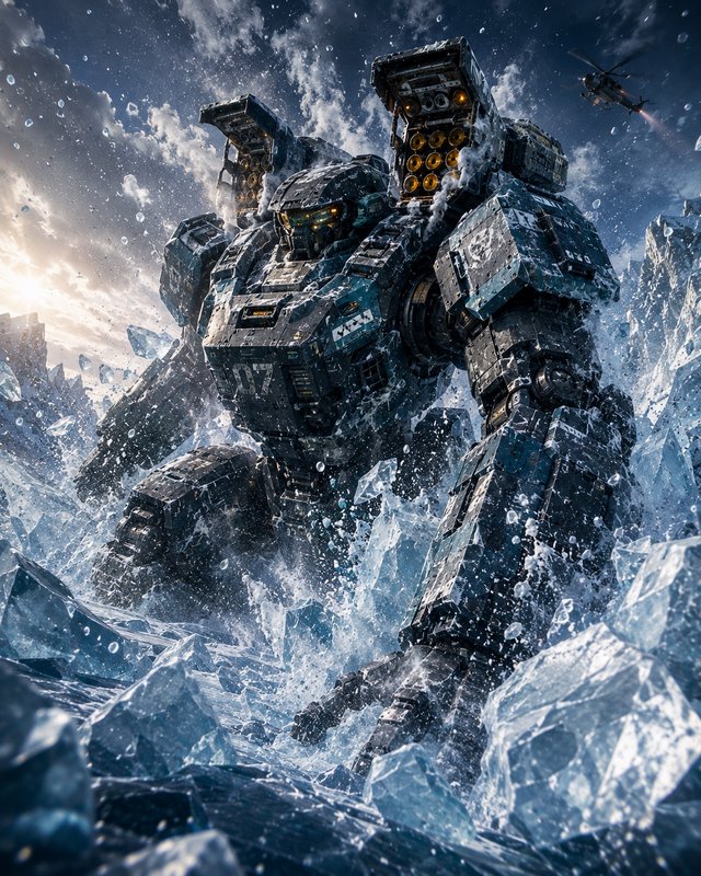 Massive armed battle mech marked 07 emerges from shattered arctic ice, a military helicopter hove...