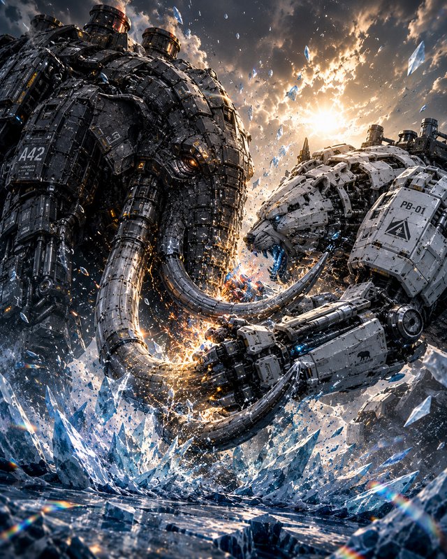 Dramatic battle between a dark mechanical mammoth mech and white robotic polar bear, clashing on ...