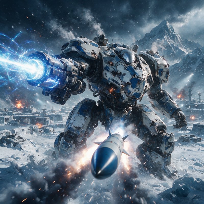 Battle-worn white and blue combat mech fires plasma cannon amid a snowy arctic battlefield as a m...