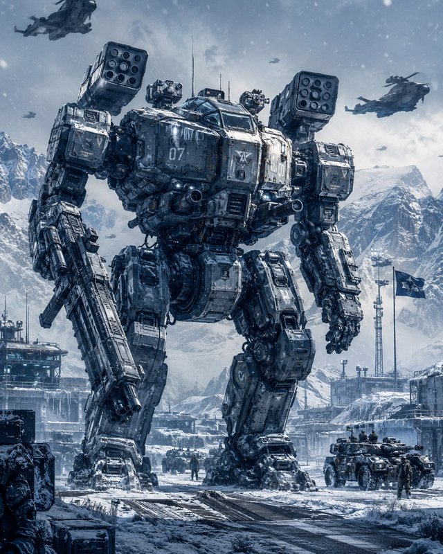 Massive weathered combat mech stands in a snow-covered arctic military base, with aircraft and ta...