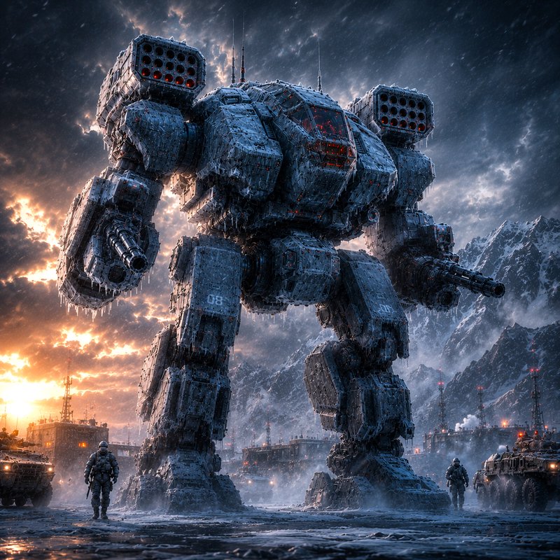 Giant ice-covered combat mech stands in a snowy arctic military outpost at stormy sunset, flanked...