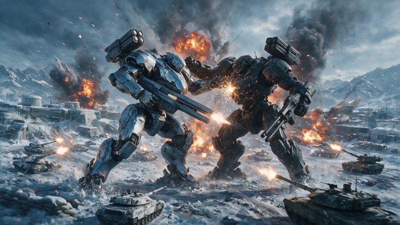 Two armed giant mech robots battle amid explosions and firing tanks on a snowy frozen mountain ba...