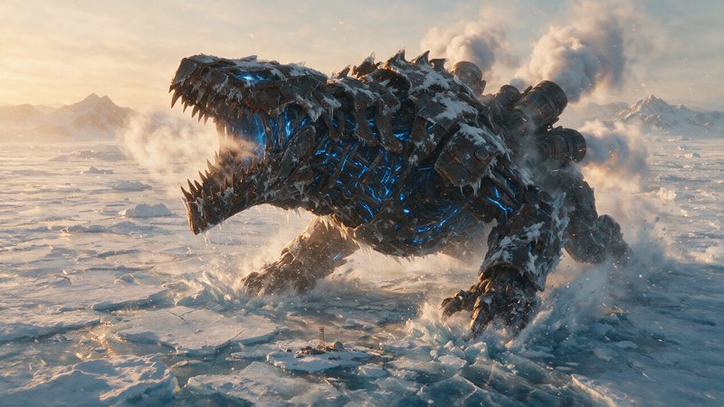 Giant robotic reptile kaiju erupts through arctic sea ice, glowing blue, steam venting at golden ...