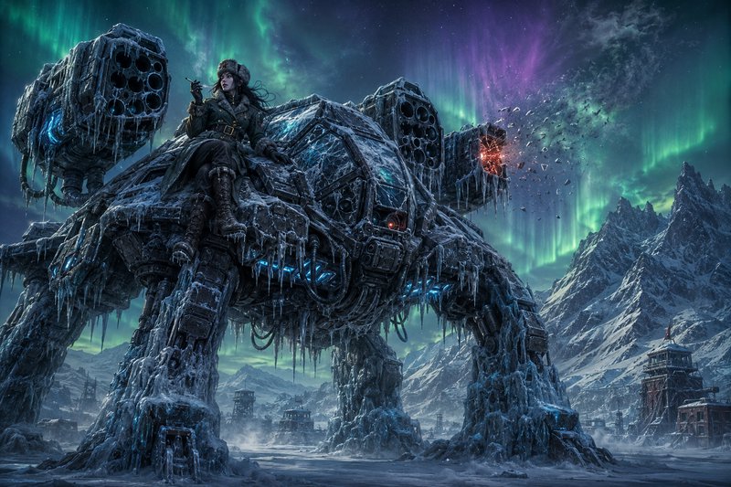 Female pilot perched atop an ice-encrusted giant combat mech under glowing aurora over a frozen a...